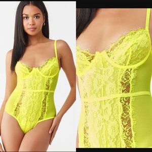⭐F21 Neon Yellow Floral Mesh Bodysuit Teddy